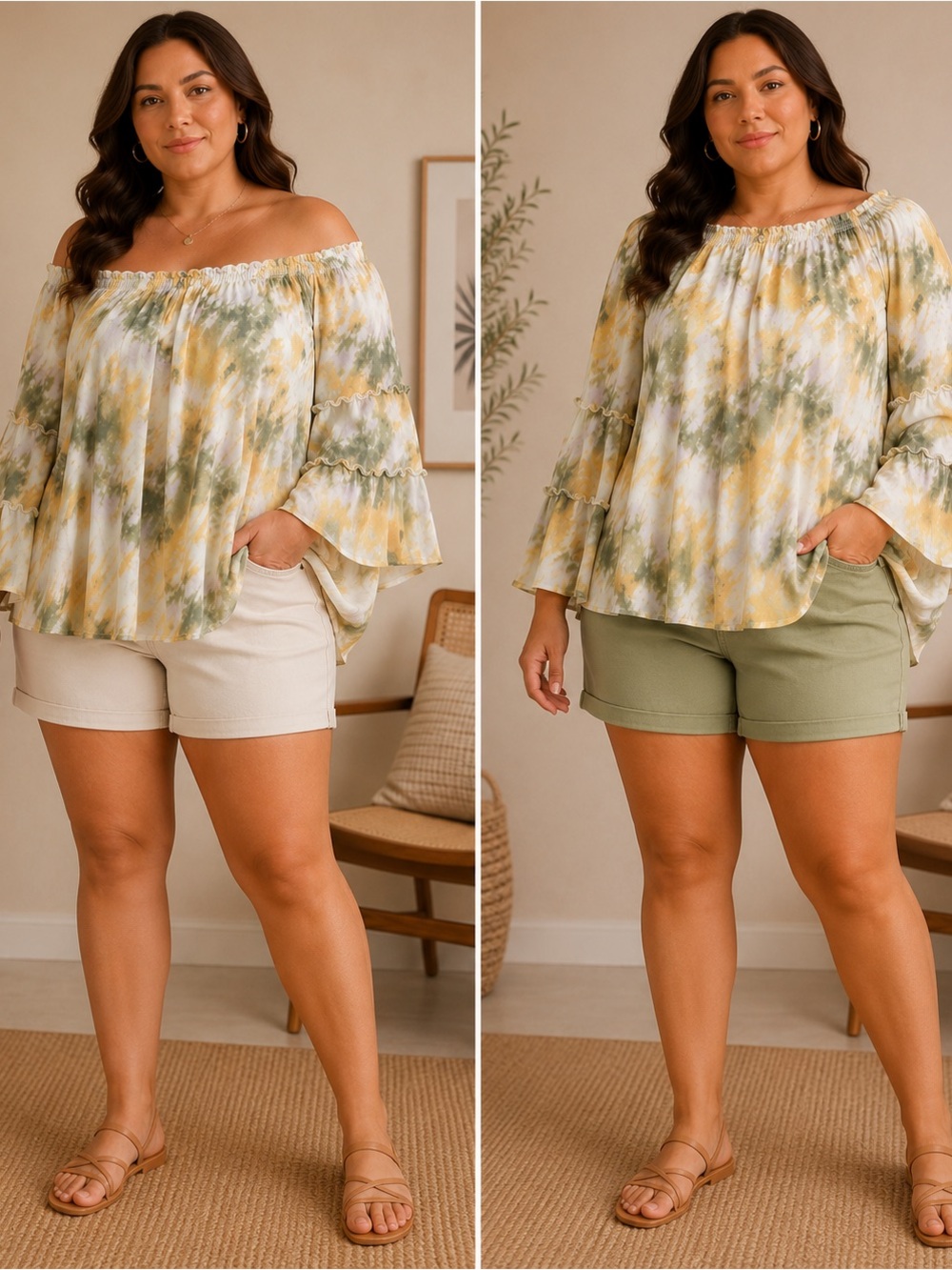 Zac & Rachel Green and Yellow Tie-Dye Off-Shoulder Ruffle Blouse65% Rayon